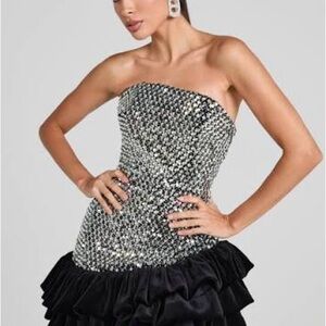 NADINE MERABI Francesca Strapless Silver and Black Dress